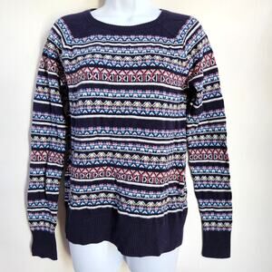 Vintage Merona Women's Knit Sweater Size L Dark Blue Fair Isle Pattern Holiday